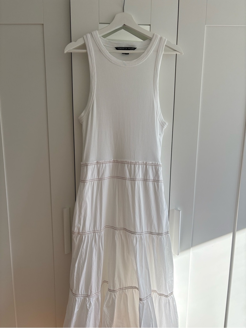 Veronica Beard White Austyn Tiered Cotton Sleeveless Midi Dress